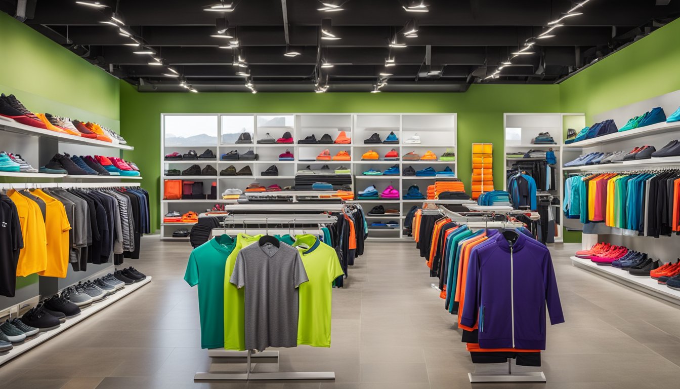 A vibrant array of athletic casual wear in bold colors and modern designs, neatly arranged on sleek display racks in a bright and spacious retail store