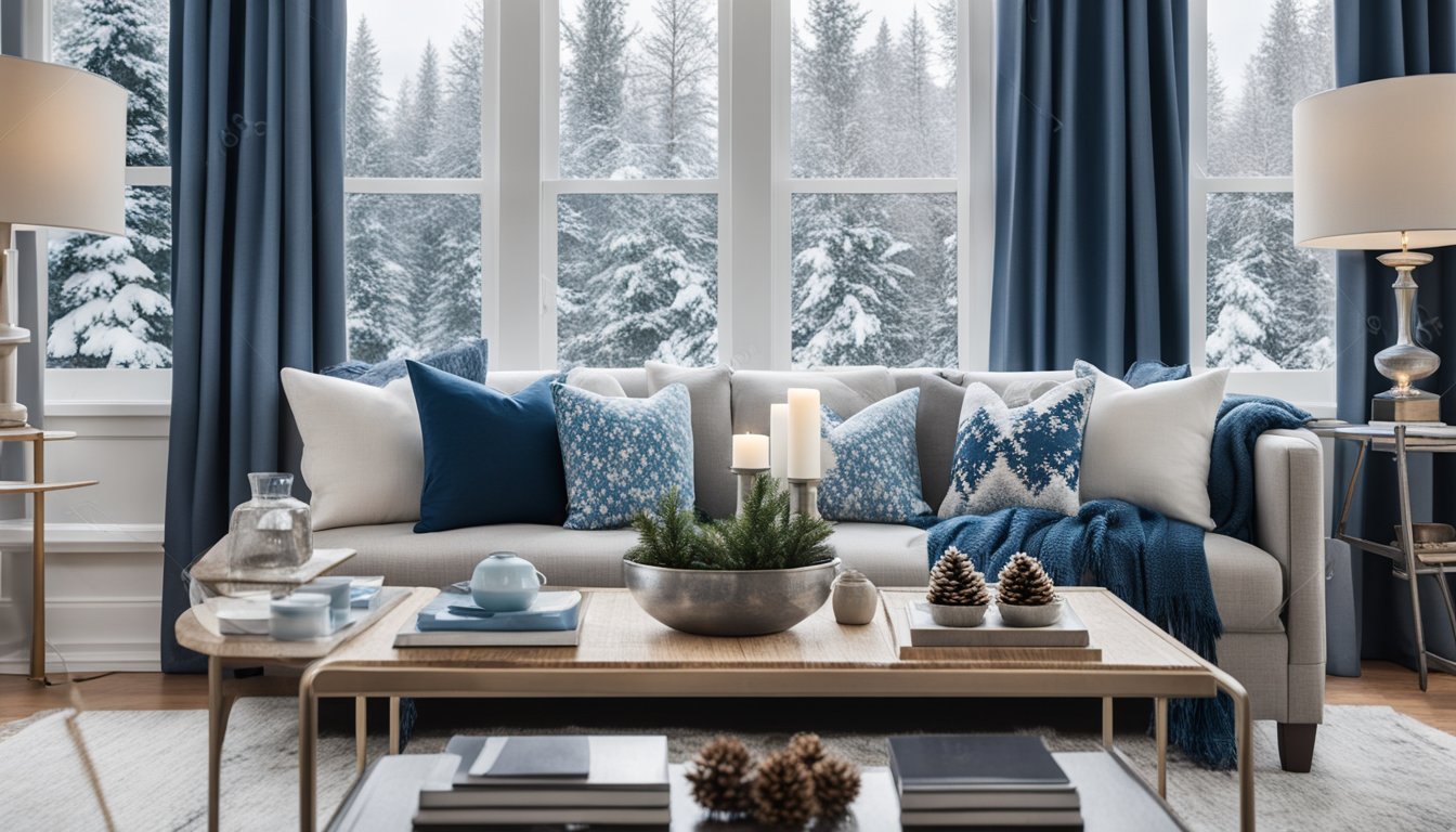A cozy living room with a window showcasing a snowy winter landscape. A table is adorned with fabric swatches in shades of blue, white, and silver, along with pinecones and evergreen branches