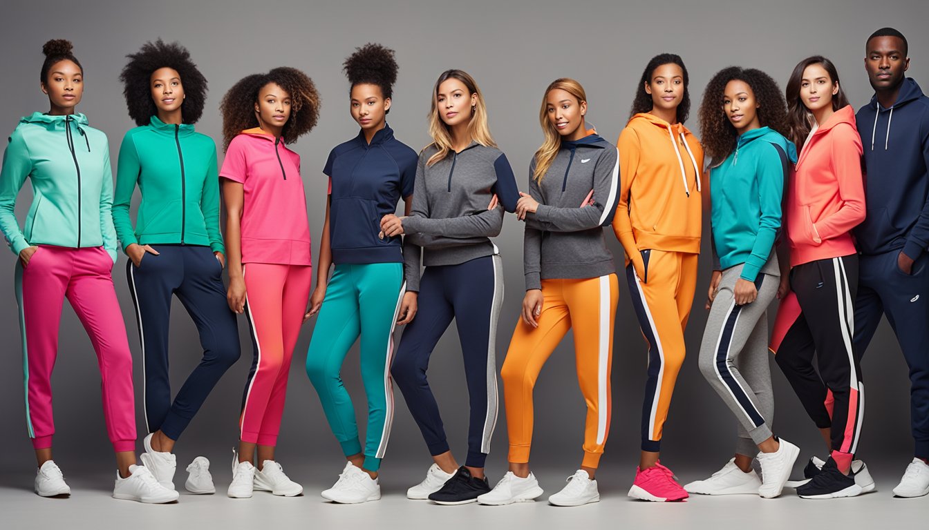 A group of sporty jogger ensembles lined up neatly on a rack, featuring vibrant colors and sleek designs