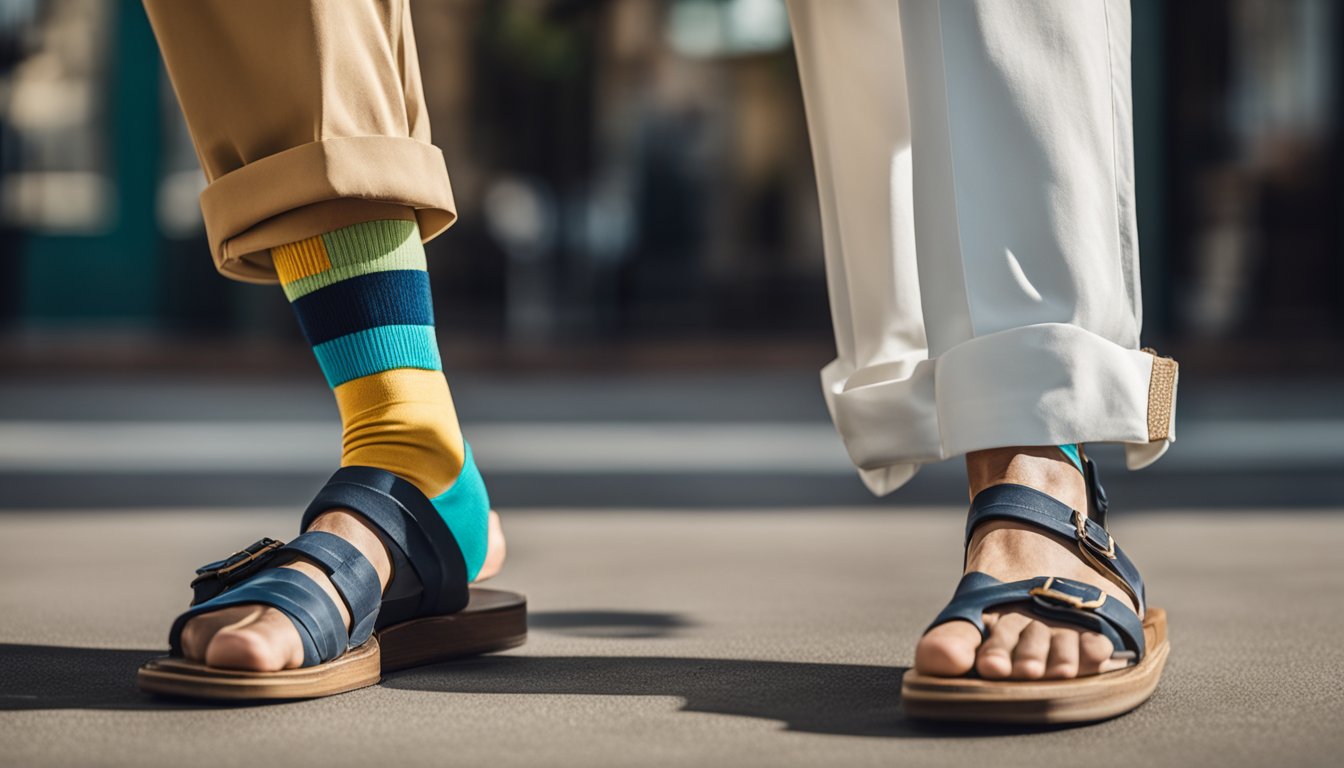A person wearing mismatched socks with sandals and a wrinkled shirt