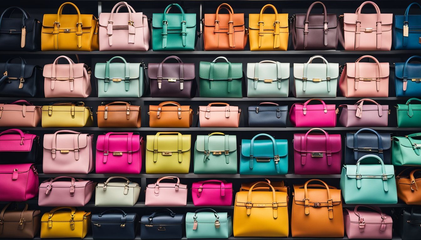 A vibrant array of bags in various color combinations, from bold and bright to subtle and pastel, arranged neatly on shelves or hanging from hooks