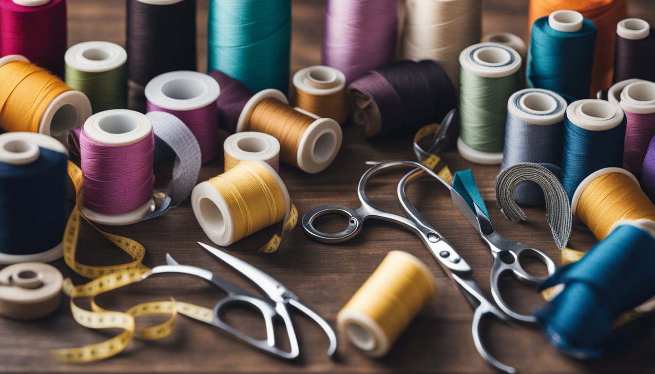 A table with various fabrics in different colors and textures, scissors, and a sewing machine. A tape measure and spools of thread are scattered around